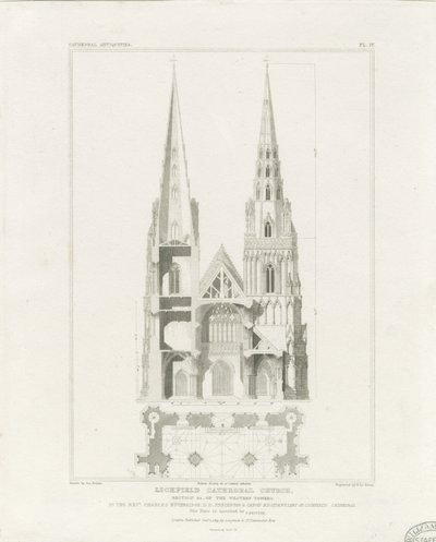 Lichfield Kathedraal - Westelijke Voorzijde: gravure, nd [ca. 1819] door John Britton