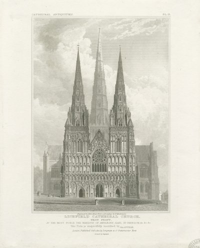 Lichfield Kathedraal - Westelijke Voorzijde: gravure, nd [ca. 1820] door John Britton