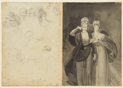 Schetsen van hoofden (verso, links); Twee vrouwen (verso, rechts) door John Brown