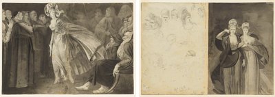 Vrouw staande tussen de broeders (recto) Schetsen van hoofden (verso, links); Twee vrouwen (verso, rechts) door John Brown