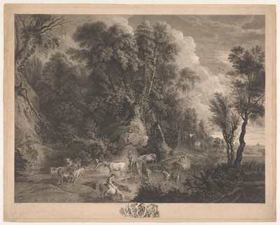 Landschap met herders en kudde bij een drinkplaats door John Browne
