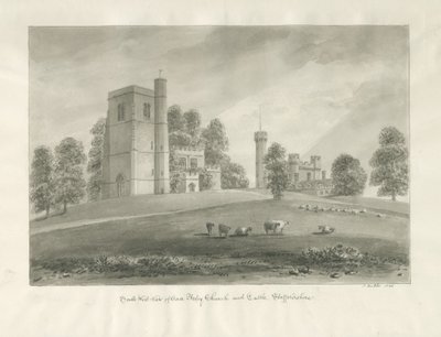 Arley Kerk en Kasteel: sepia tekening door John Buckler