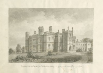 Butterton Hall: sepia tekening door John Buckler
