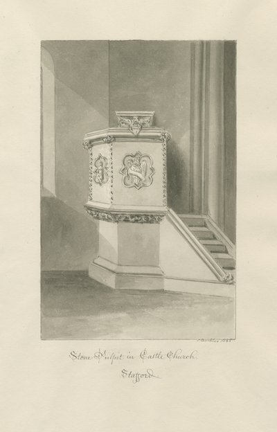 Kasteelkerk - Stenen preekstoel in kerk: sepia tekening door John Buckler