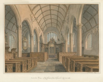 Cornwall - Kilkhampton Kerk - Interieurzicht, 1827 door John Buckler