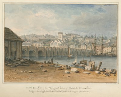 Devonshire - Bideford - Brug en Stad, 1827 door John Buckler