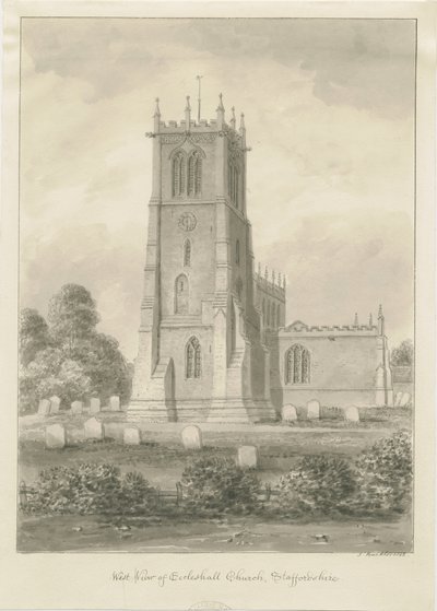 Eccleshall Kerk: sepia tekening door John Buckler