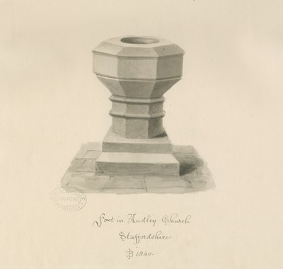 Doopvont in Audley Kerk: sepia tekening, 1840 door John Buckler