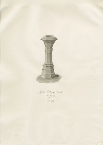 Doopvont in Aldridge Kerk: sepia tekening door John Buckler