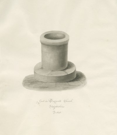 Doopvont in Bagnall Kerk: sepia tekening door John Buckler