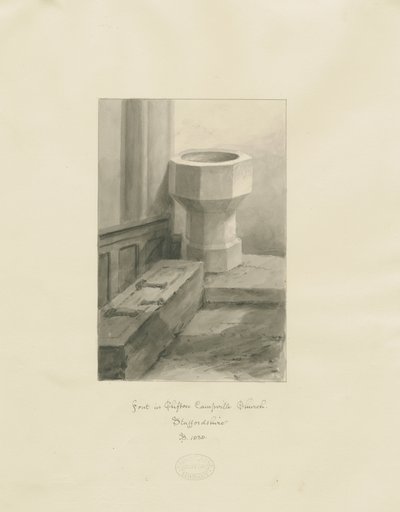 Doopvont in Clifton Campville Kerk: sepia tekening door John Buckler