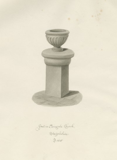 Doopvont in Edingale Kerk: sepia tekening door John Buckler
