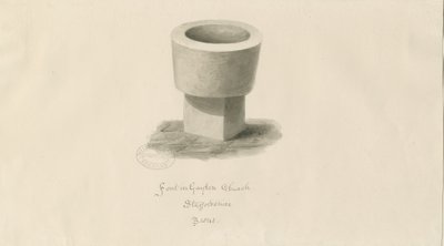 Doopvont in Gayton Kerk: sepia tekening door John Buckler