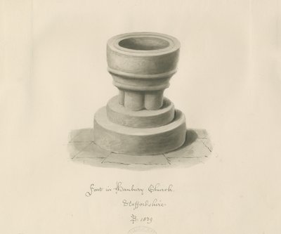 Doopvont in Hanbury Church: sepia tekening door John Buckler