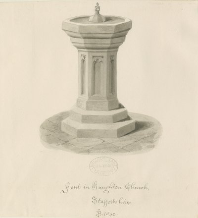 Doopvont in Haughton Kerk: sepia tekening door John Buckler
