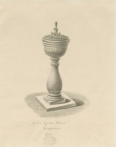 Doopvont in Ingestre Kerk: sepia tekening door John Buckler