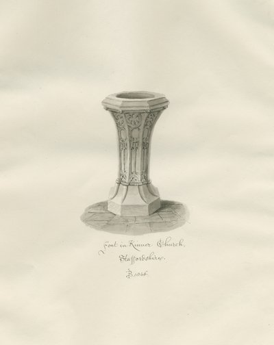 Doopvont in Kinver Church: sepia tekening door John Buckler