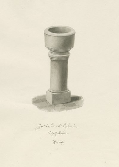 Fontein in Onecote Kerk: sepia tekening, 1847 door John Buckler