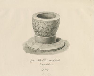 Doopvont in Pipe Ridware Church: sepia tekening door John Buckler