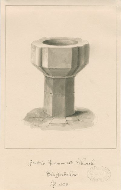 Doopvont in Tamworth Kerk: sepia tekening door John Buckler
