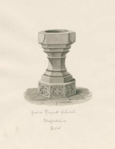 Doopvont in Trysull Kerk: sepia wassing tekening door John Buckler