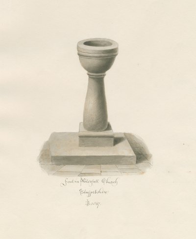 Doopvont in Waterfall Kerk: sepia tekening door John Buckler