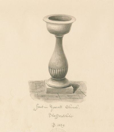 Fontein in Yoxall Kerk: sepia tekening, 1839 door John Buckler