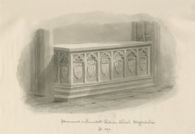 Hamstall Ridware Church - Monument: sepia wash tekening, 1839 door John Buckler
