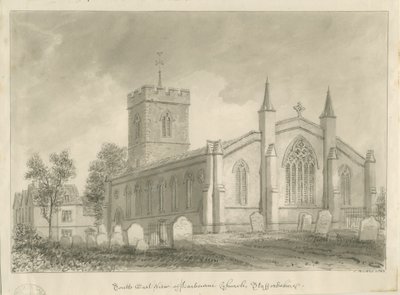 Harborne Kerk: sepia tekening door John Buckler