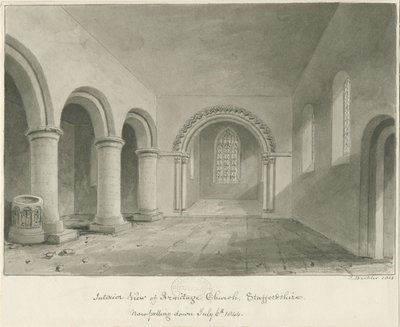 Interieur van Armitage Kerk: sepia tekening, 6 jul 1844 door John Buckler