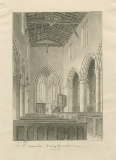Interieur van Checkley Kerk: sepia tekening door John Buckler