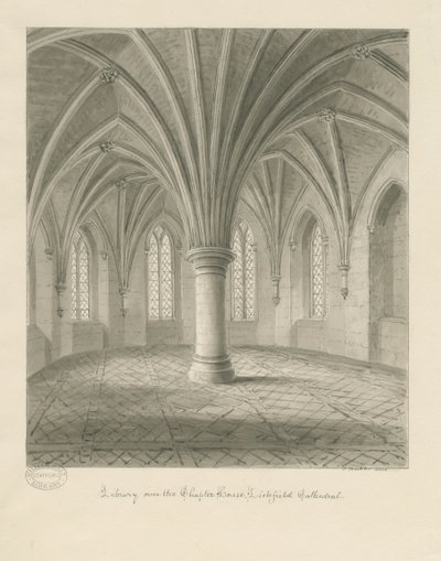 Interieur van Lichfield Cathedral - Bibliotheek boven de kapittelzaal: sepia tekening door John Buckler