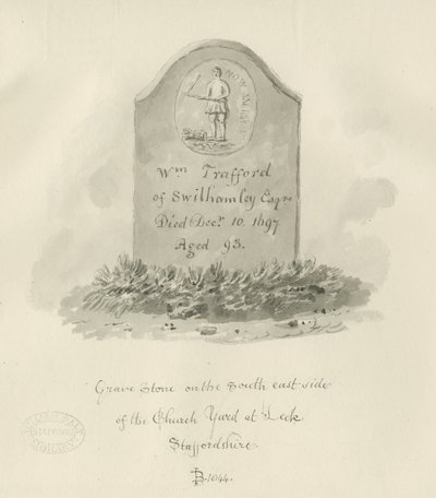 Leek Kerk - Grafsteen: sepia tekening door John Buckler