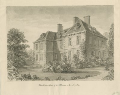 Lichfield - Bisschoppelijk Paleis in The Close: sepia tekening door John Buckler