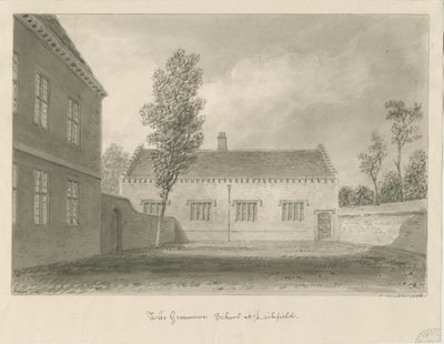 Lichfield - Grammar School: sepia tekening door John Buckler