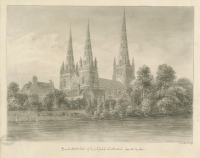 Lichfield Kathedraal - Zuidwestaanzicht: sepia tekening door John Buckler