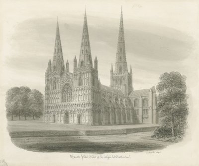 Lichfield Kathedraal - Zuidwestaanzicht: sepia tekening door John Buckler