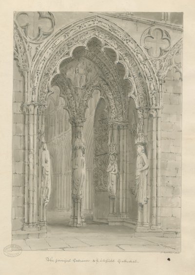 Lichfield Kathedraal - Westelijke Deur: sepia tekening door John Buckler
