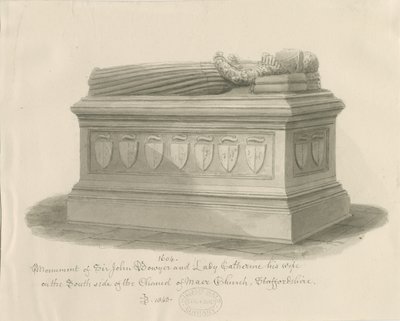 Maer Church - Monument voor Sir John Bowyer en Lady Catherine: sepia wash tekening, 1843 door John Buckler