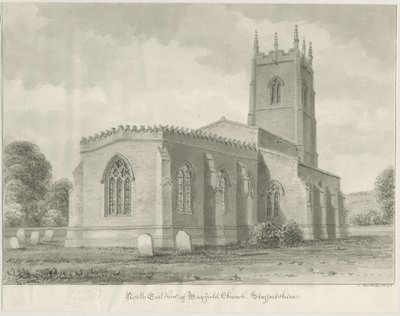 Mayfield Church: sepia tekening, 1844 door John Buckler