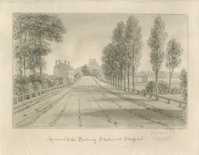Stafford - Toegang tot het treinstation: sepia tekening door John Buckler