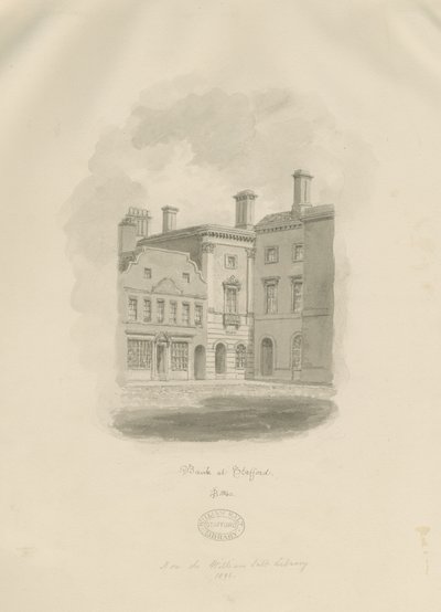 Stafford - Oude Bank op het Marktplein: sepia tekening door John Buckler