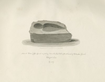 Standon Kerk: Oude Stenen Kist: sepia tekening, 1847 door John Buckler