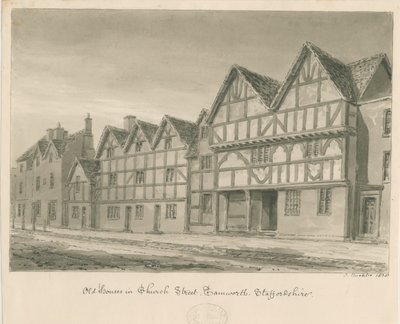 Tamworth - Oude Huizen in Church Street: sepia was tekening, 1838 door John Buckler