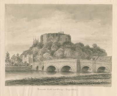 Tamworth Kasteel en Brug: sepia tekening door John Buckler