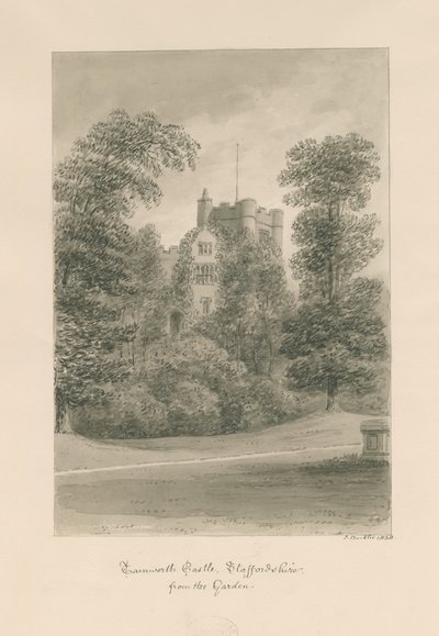 Tamworth Kasteel: sepia wassing tekening door John Buckler