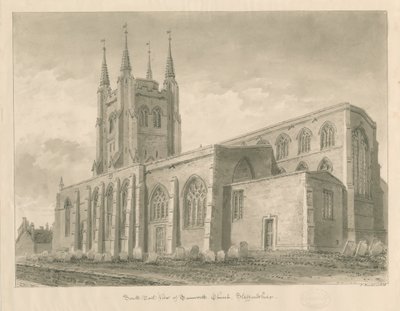 Tamworth Kerk: sepia wassing tekening door John Buckler