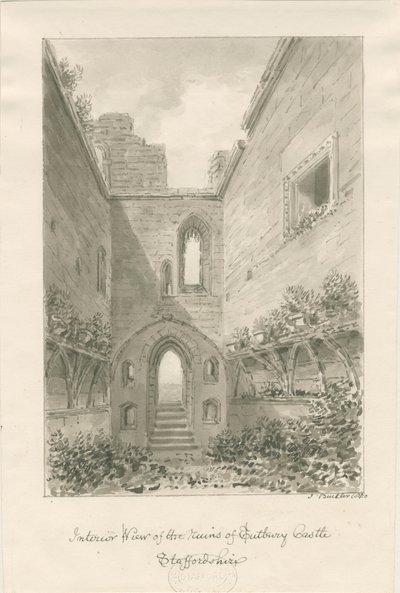 Tutbury Castle - Interieur van Ruïnes: sepia wassing tekening door John Buckler