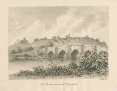 Tutbury Kasteel, Kerk en Brug: sepia wassing tekening door John Buckler