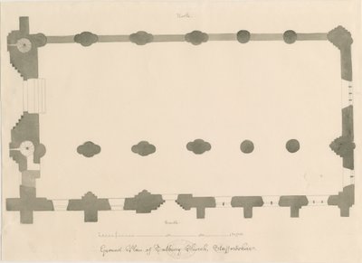 Tutbury Priory Kerk - Plan: potlood en sepia tekening, nd [?1812] door John Buckler